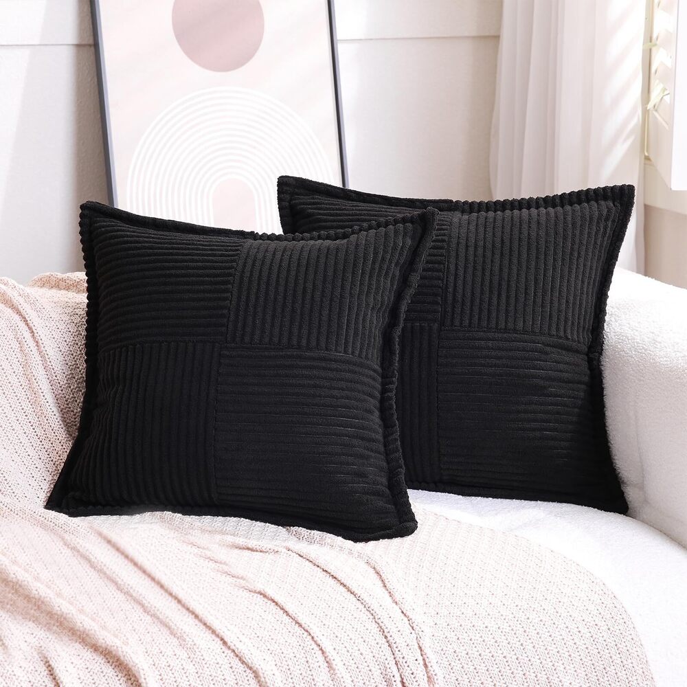 6370 Corduroy Throw Pillow Covers Set of 2 Boho Decorative Black 22×22